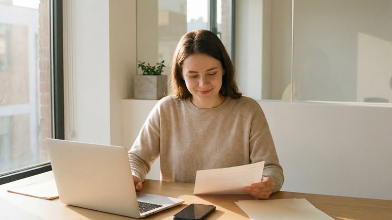 A person sitting at a desk, looking at papers with a laptop and phone nearby.